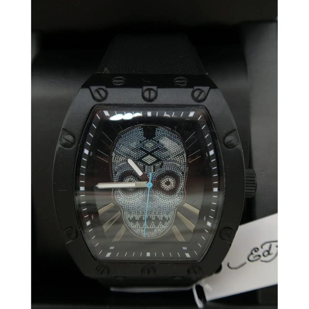 Ed Hardy Mens Black Skull Crystal Dial Tonneau Silicone Strap Watch New in Box
